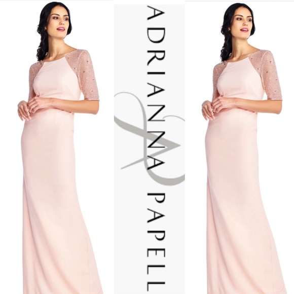 Blush Adrianna Papell Gown w/ elbow length beaded sleeves - Picture 2 of 7